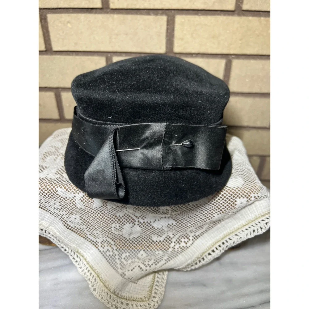 Vintage Sigma Black Wool Felt Pillbox Hat Satin Ribbon Bow Made in France